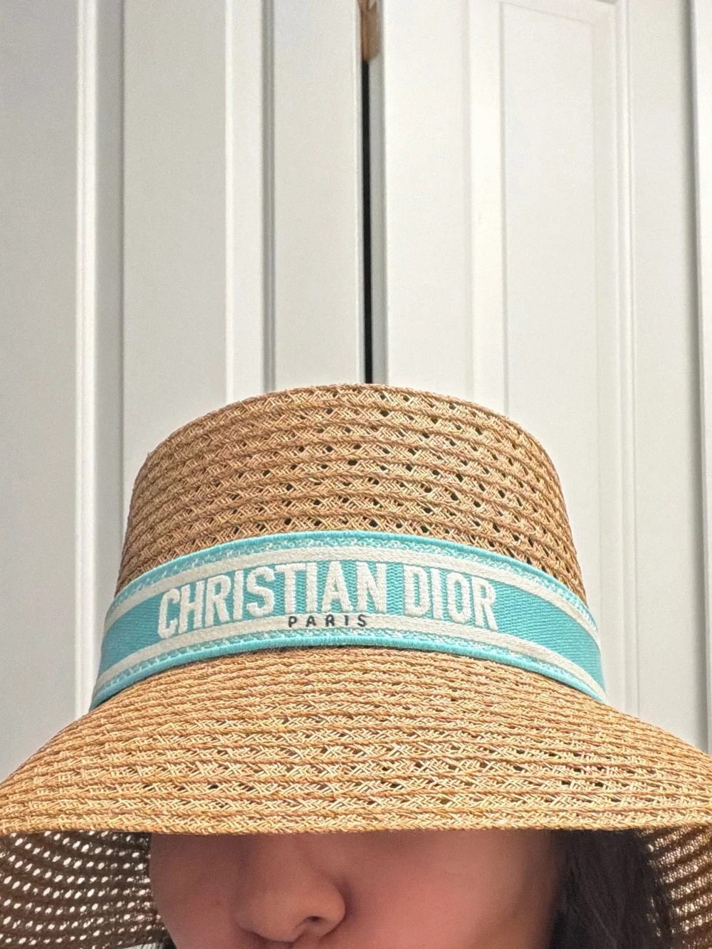 Dior Tan Straw Sun Hat with Mint Green Logo Band